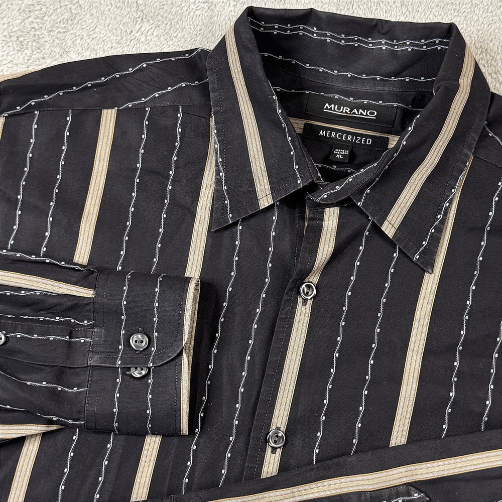 Murano Mercerized Cotton Striped Button Down Shirt Mens XL Black Tan Long Sleeve